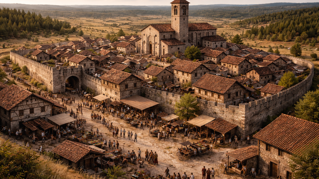 Recreación imaginaria de la ciudad medieval de Democlín
