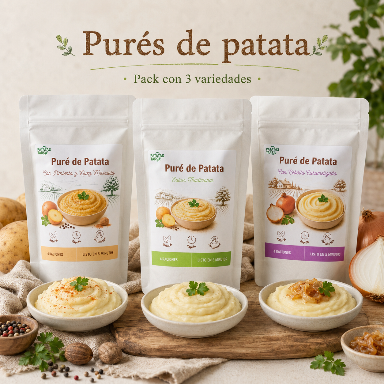 Pack degustación de purés de patata Patatas Tarsa con tres sabores