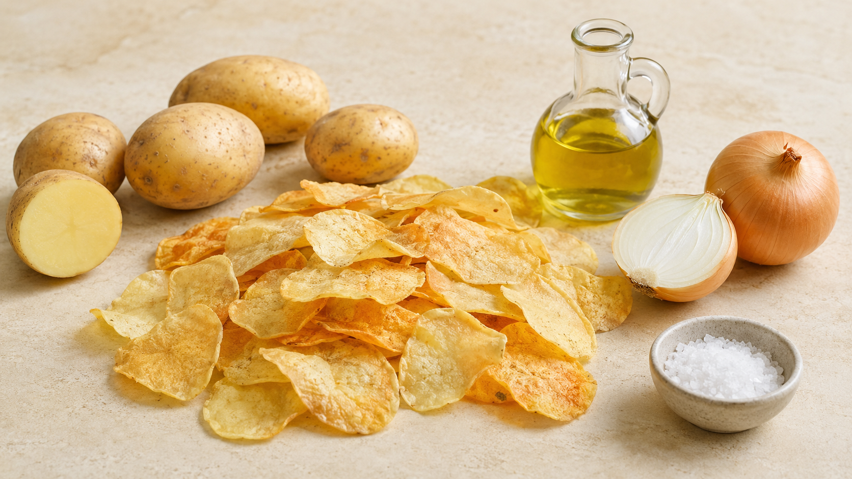 Detalle crujiente de chips de patata horneadas con aceite de oliva