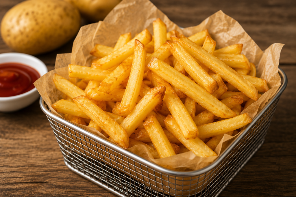 Patatas doradas cocinadas de tres formas: en freidora de aire, al horno y frita en aceite.