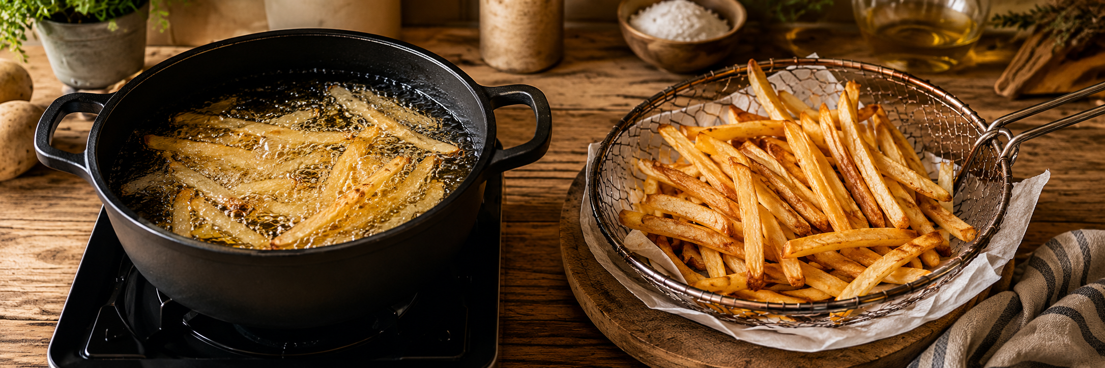 Patatas doradas cocinadas de tres formas: en freidora de aire, al horno y fritas en aceite.